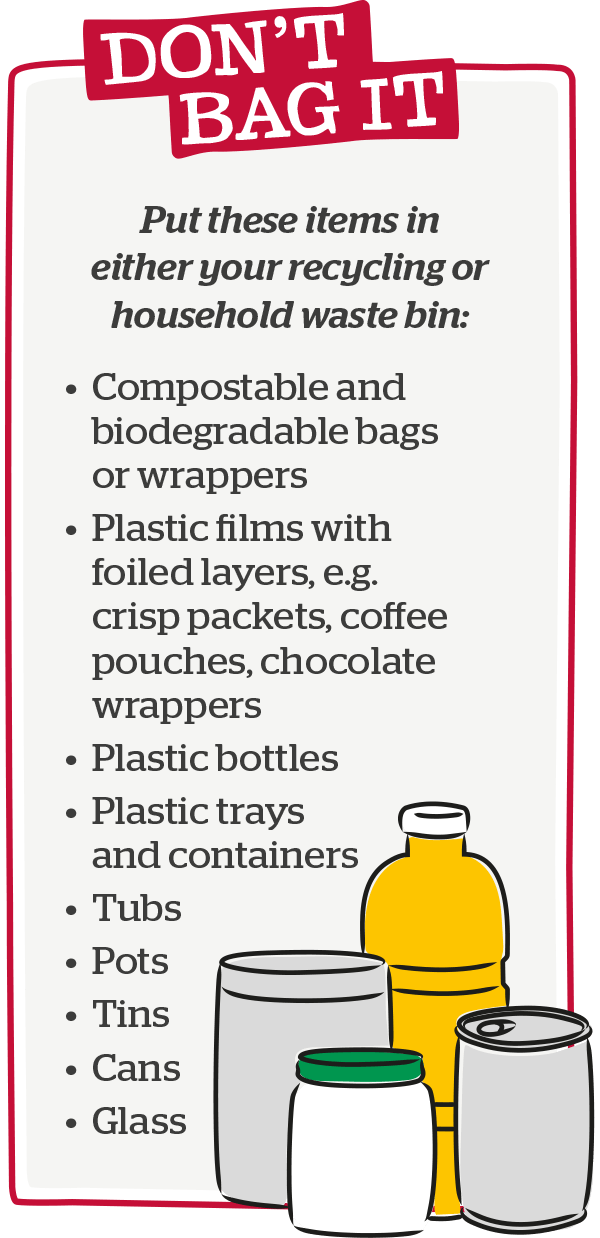 Put these items in either your recycling or household waste bin: Compostable and biodegradable bags or wrappers, plastic films with foiled layers, e.g. crisp packets, coffee pouches, chocolate wrappers, plastic bottles, plastic trays and containers, tubs, pots, tins, cans glass.