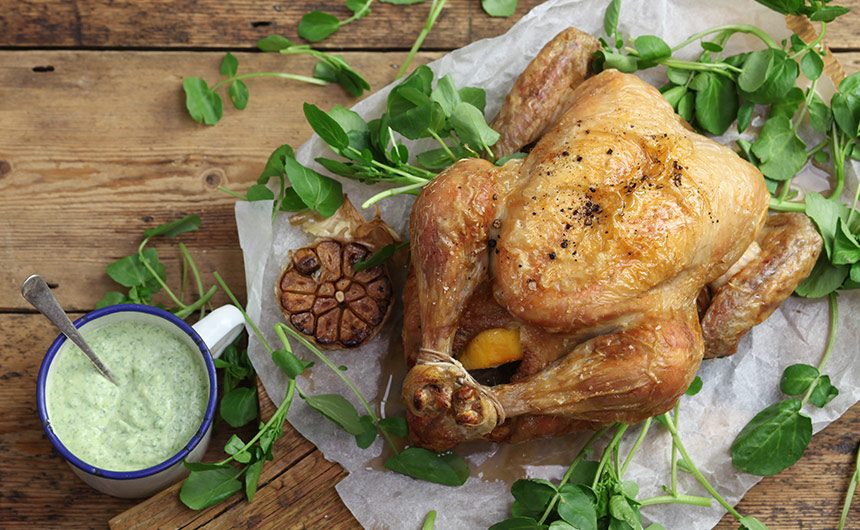 Organic Roast Lemon & Garlic Chicken with Watercress Crème Fraîche