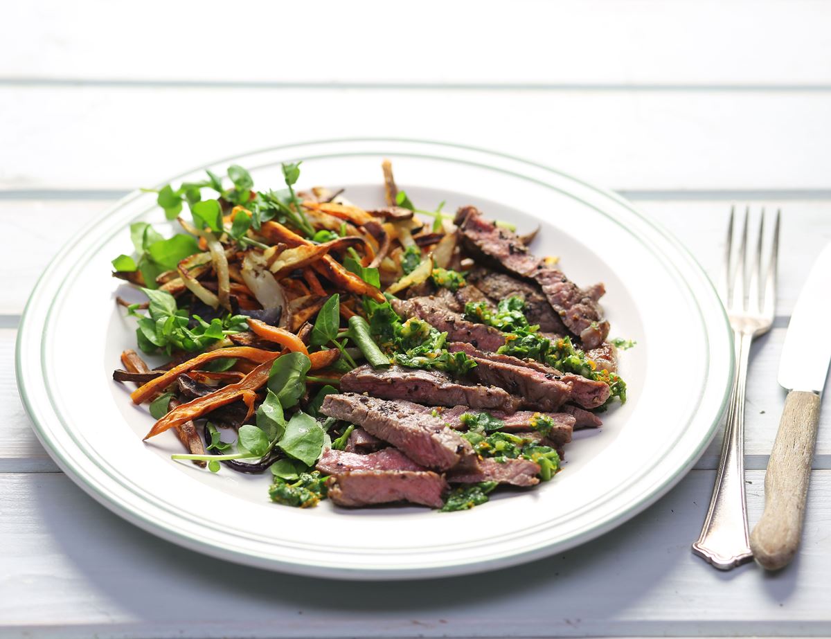 Peppered Steaks with Shoestring Potatoes & Watercress Dressing