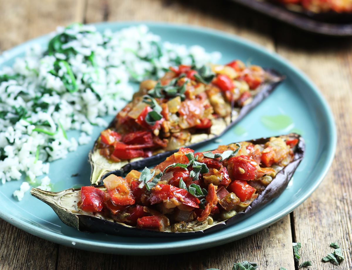 Turkish Roast Aubergines with Spiced Tomato Stuffing