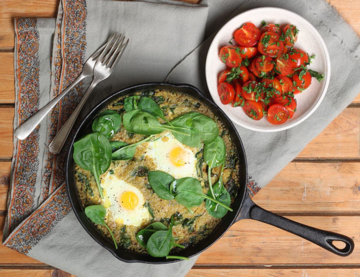 Curried Quinoa Risotto with Spinach & Grilled Eggs