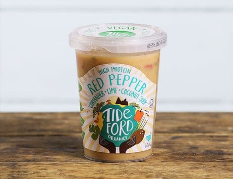 High Protein Red Pepper, Coriander, Lime &  Coconut Soup, Organic, Tideford (600g)