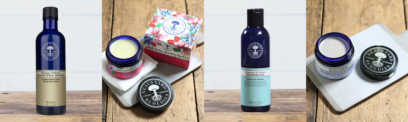 Neals Yard products, including Wild Rose Beauty Balm