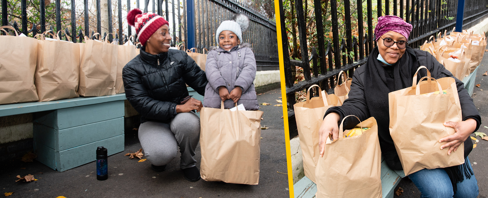 Smiling parents with bags of food