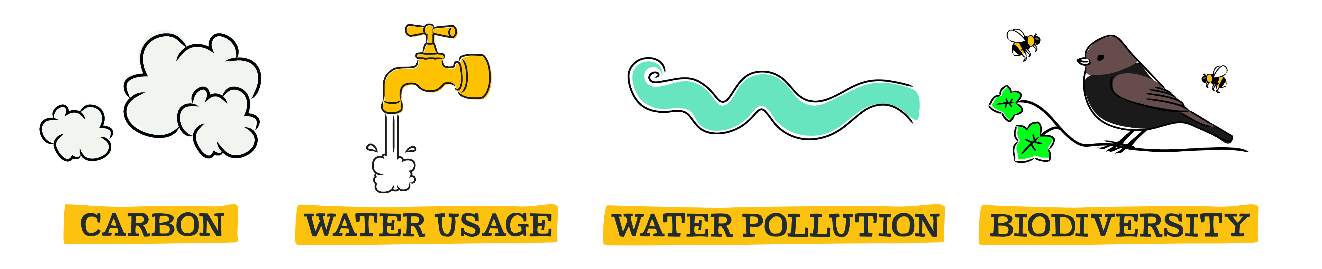Carbon, Water usage, Water pollution, Biodiversity Carbon, Water usage, Water pollution, Biodiversity