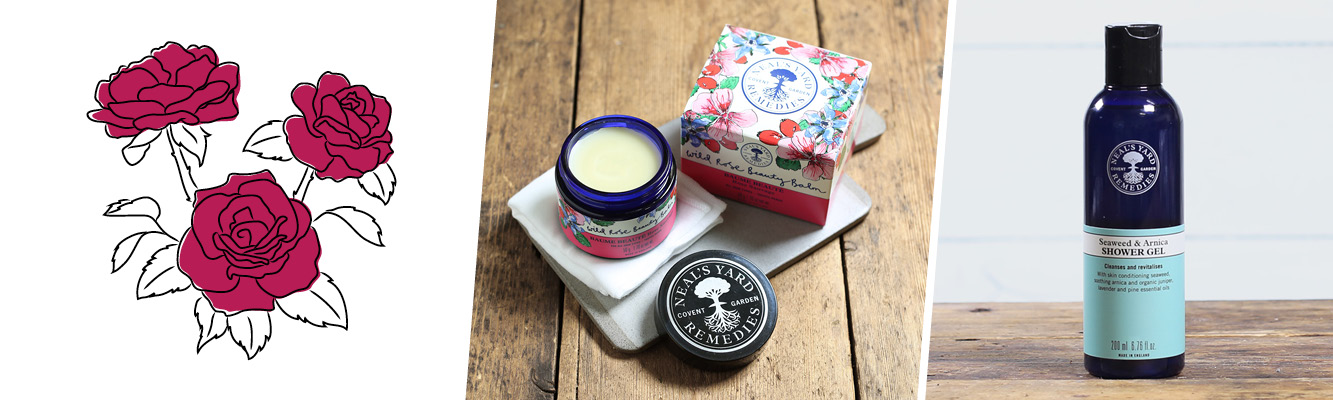 Neal's Yard Wild Rose Beauty Balm and Seaweed & Arnica Shower Gel