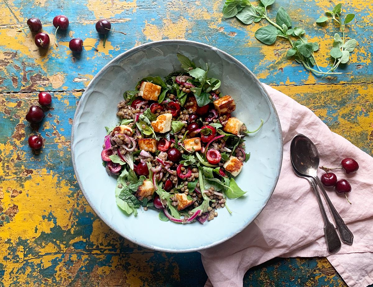 Warm Halloumi, Cherry and Lentil Salad