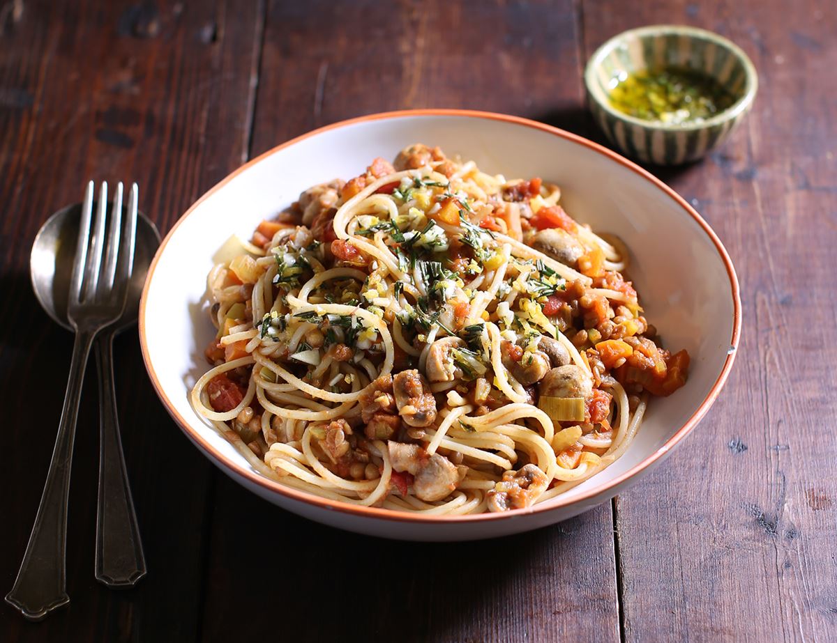 Spaghetti Lentil Bolognese with Lemon & Rosemary Gremolat