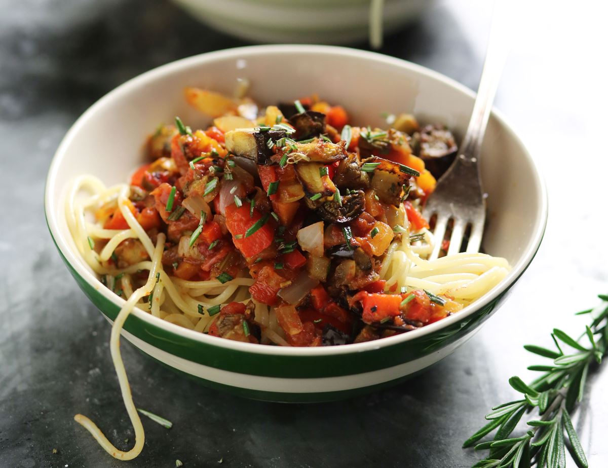 Spaghetti with Roast Aubergine Bolognese