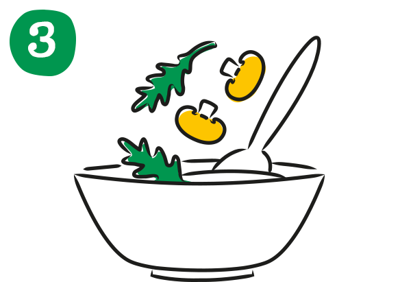 An illustration of a mixing bowl and some sliced mushrooms