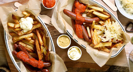 Beef Frankfurters with Curry Sauce & Chips