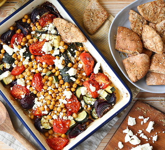 Mediterranean Veg & Feta Tray Bake with Crispy Pittas