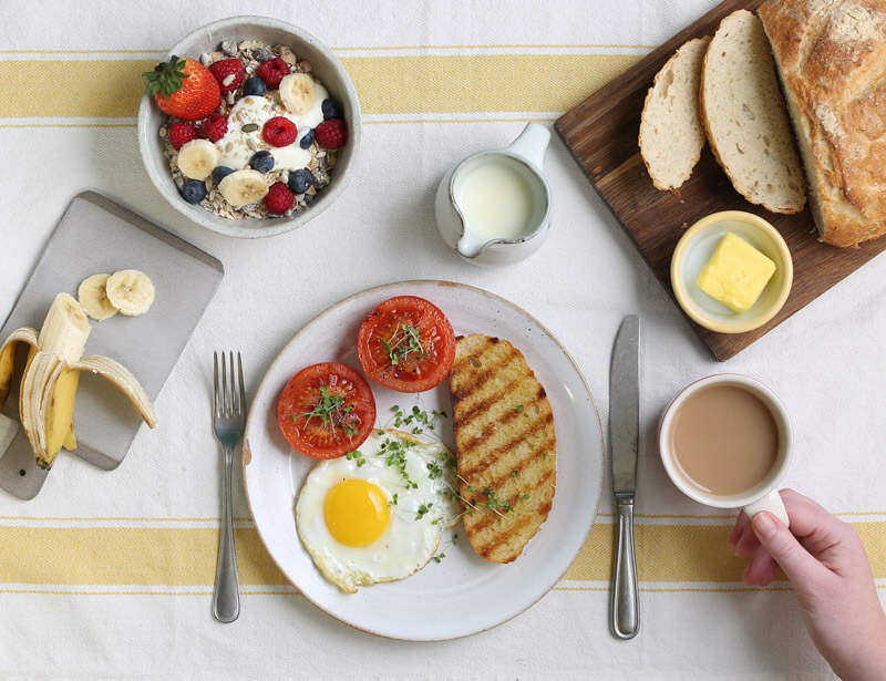 A photograph of a breakfast scene taken from above