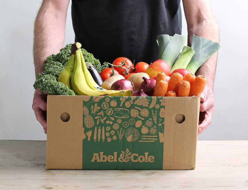 A photograph of and Abel and Cole fruit and veg box