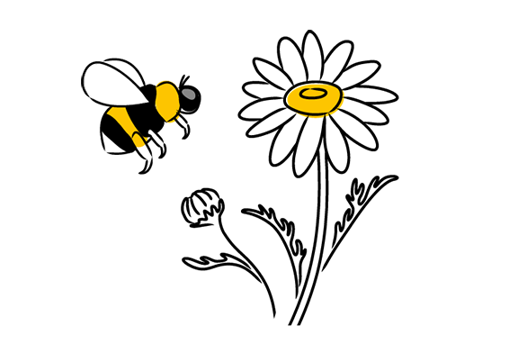 An illustration of a bee flying towards a flower