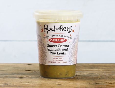 organic sweet potato, spinach and puy lentil soup rod and bens