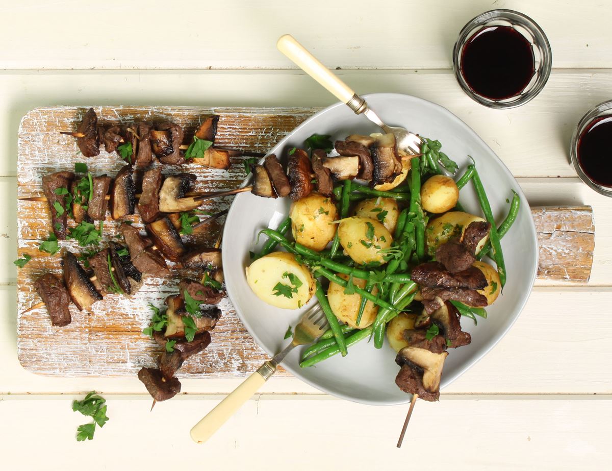 Venison & Mushroom Skewers with Potato Patch Salad