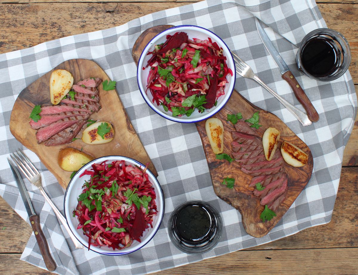 Wild Venison Steaks with Pear & Beetroot Slaw