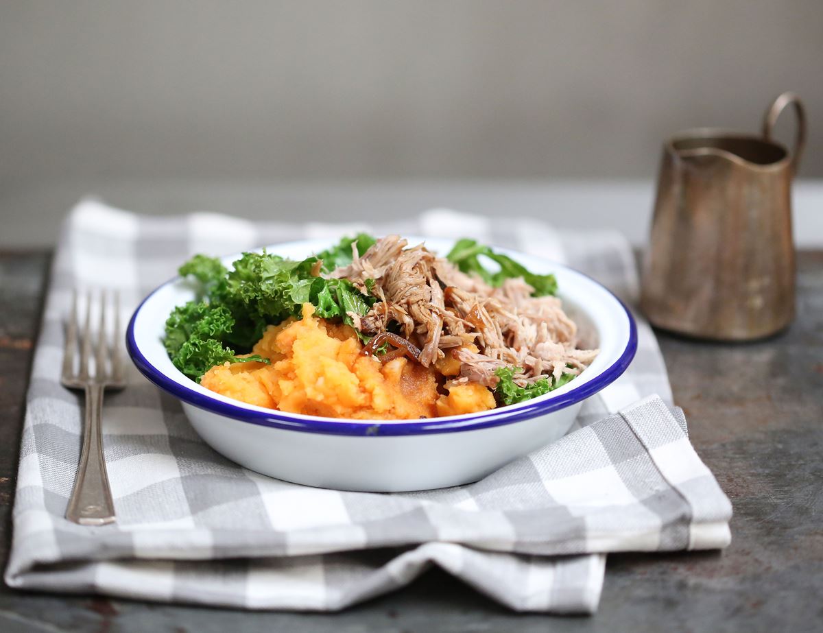 Pulled Pork with Garlicky Greens, Smashing Mash