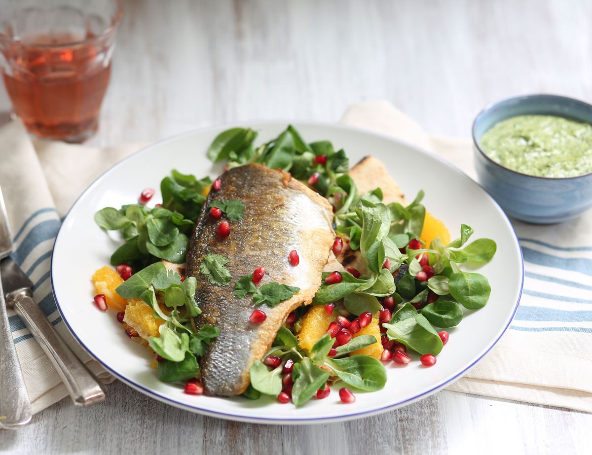 Sea Bass, Piadina & Pomegranate Salad with Coriander Tahini