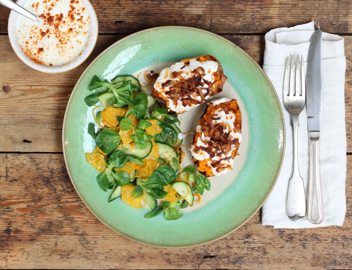 Sweet Potato Jackets with Spiced Yogurt & Crispy Shallots