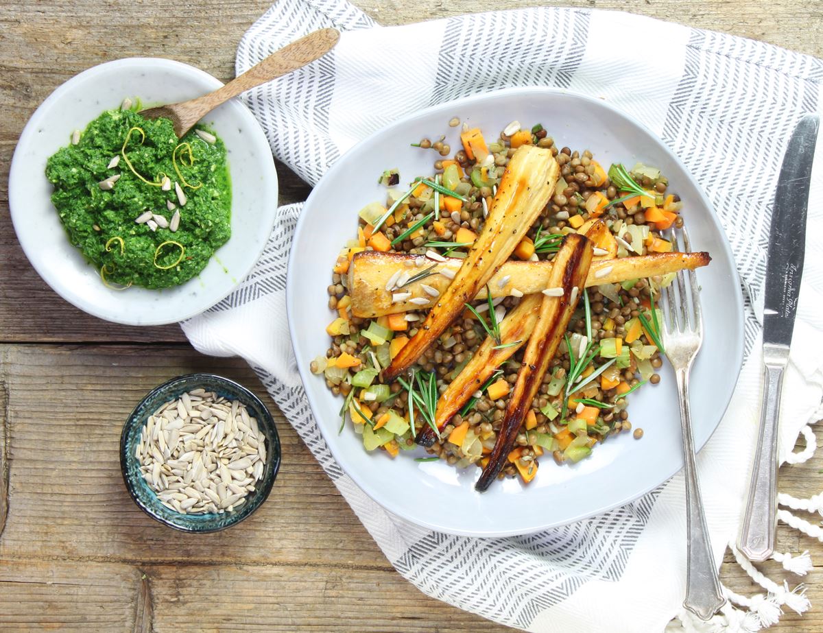 Honeyed Parsnip Lentils with Kale Pesto