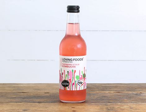 raspberry & tulsi kombucha loving foods 330ml