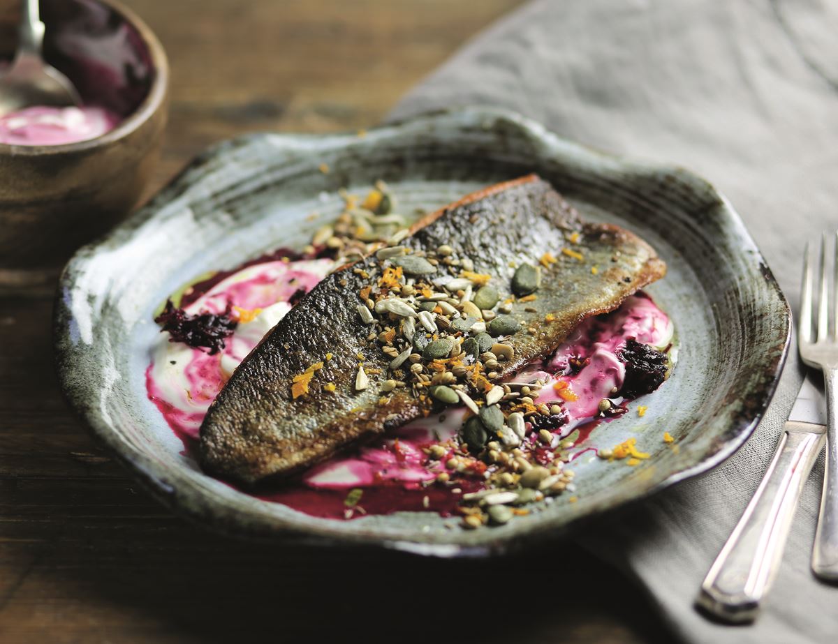 Trout with Orange, Seeds & Beetroot Rippled Yogurt