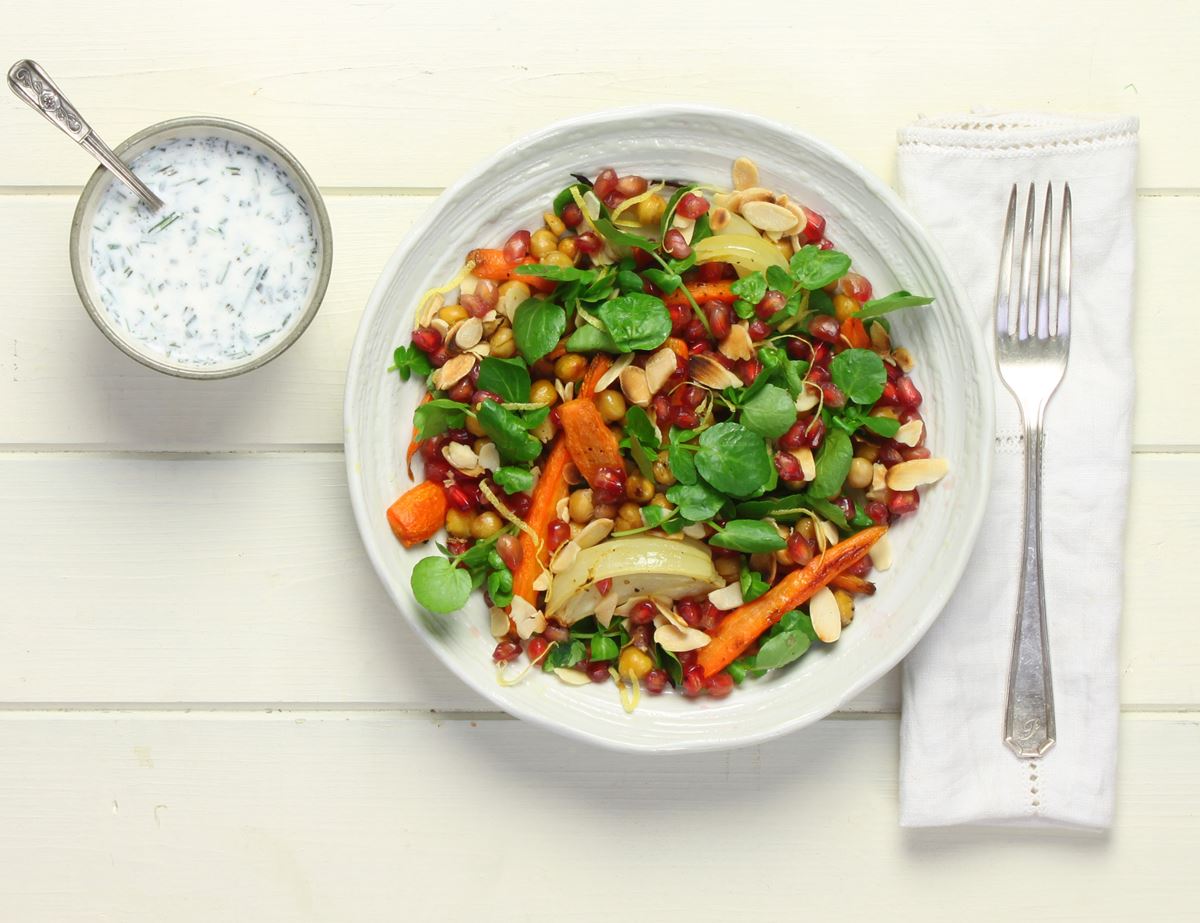 Warm Winter Carrot & Pomegranate Salad with Kefir Dressing