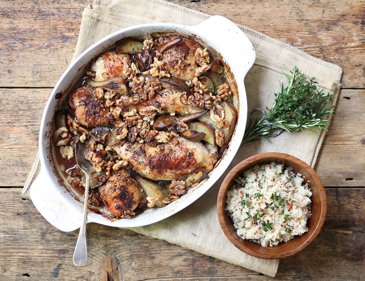 Cardamom, Walnut & Pear Chicken with Celeriac Couscous