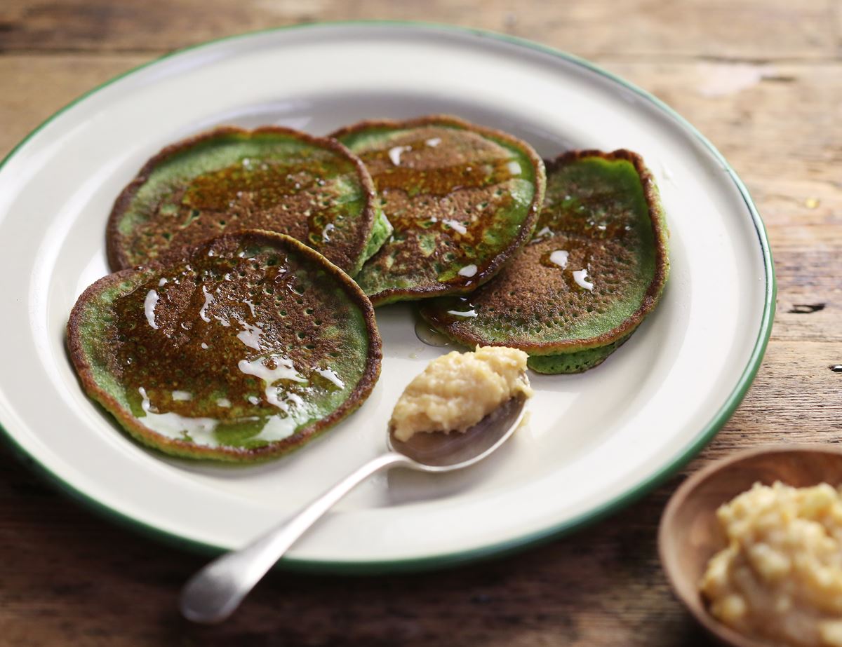 Fluffy Kale Pancakes with Tahini Butter