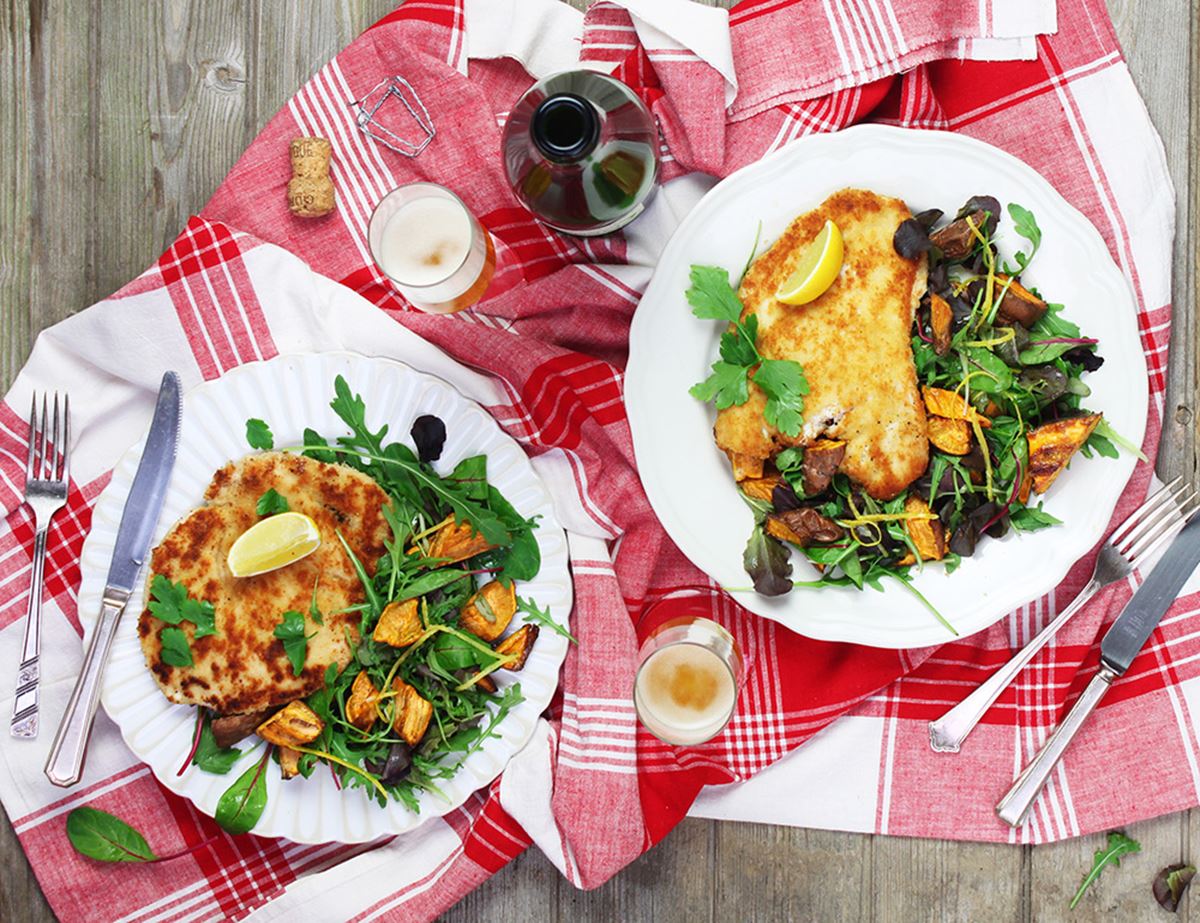 Chicken Schnitzel & Garlicky Sweet Potatoes