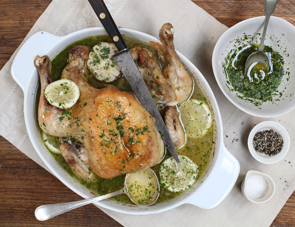 Poached Chicken with Wild Garlic Gremolata Broth