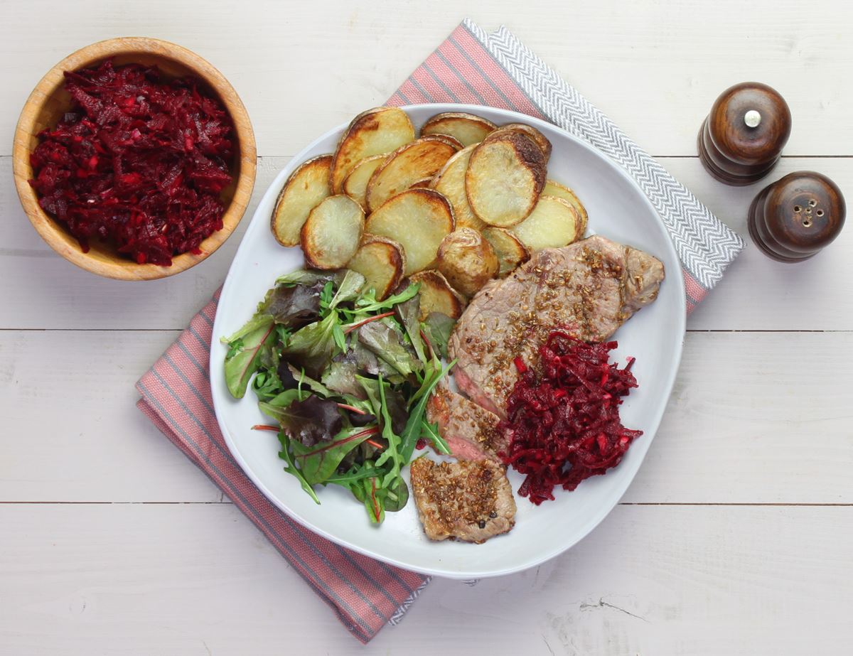 Minute Steaks with a Coriander Crust & Beetroot Relish