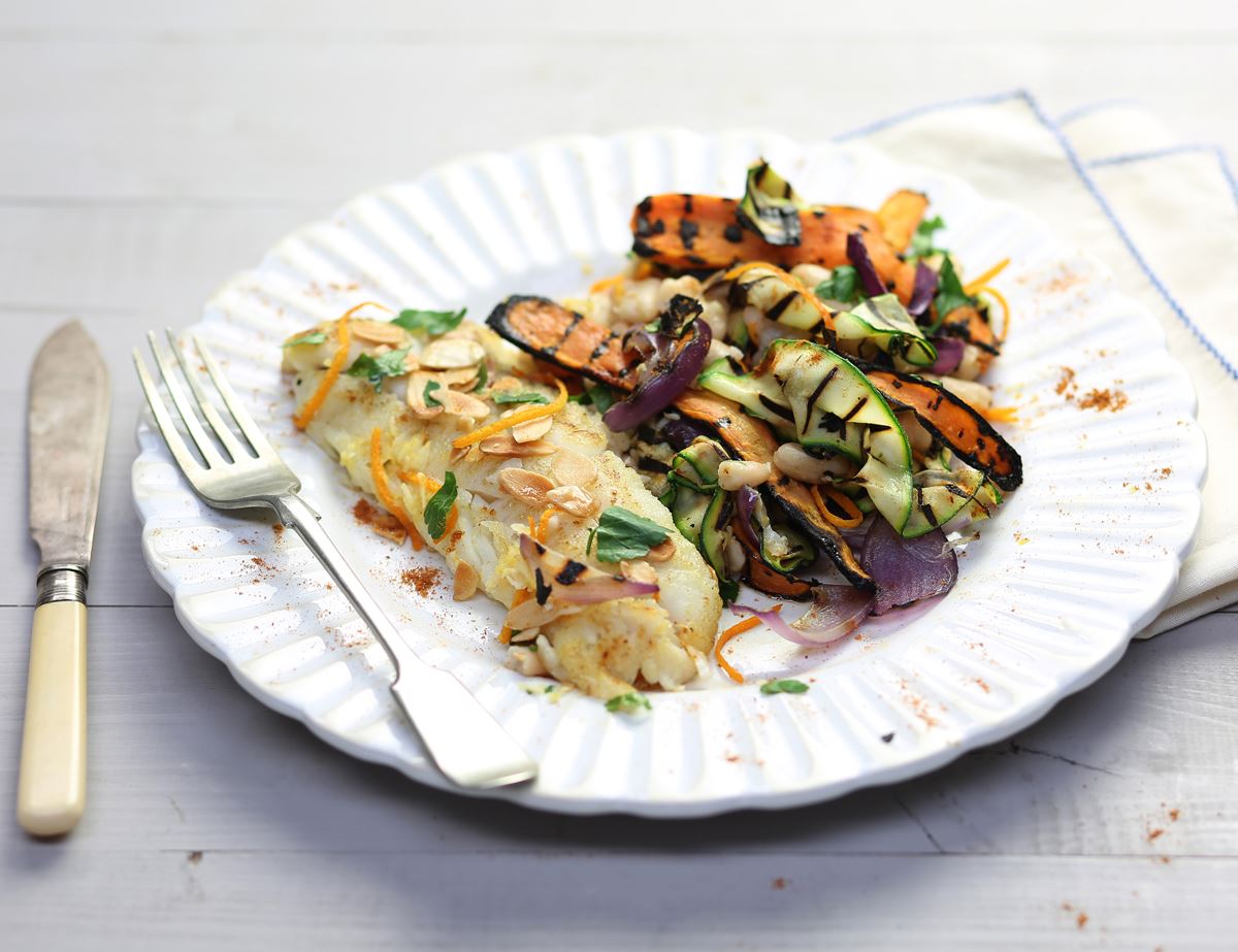 Almond Haddock with Moroccan Spiced Griddled Veg