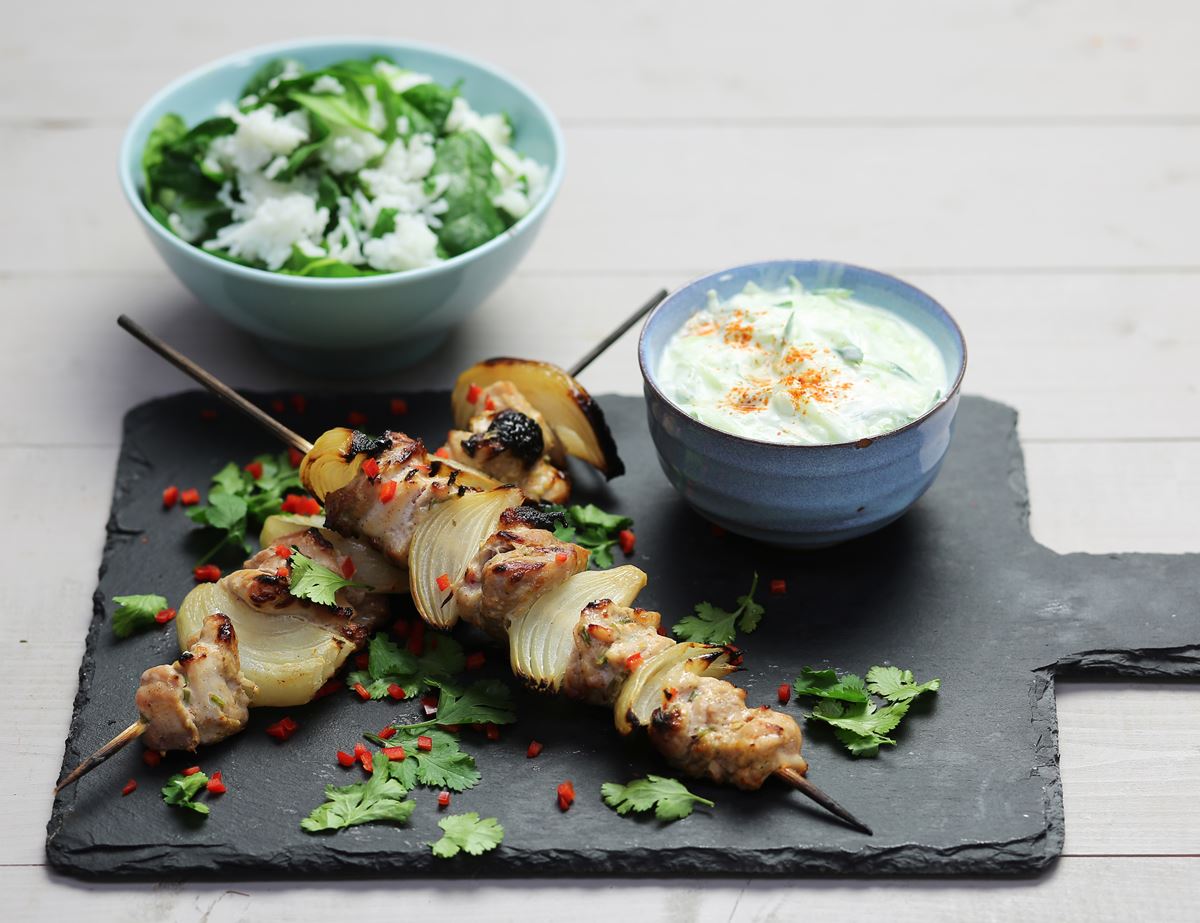 Tandoori Chicken Skewers with Raita & Rice