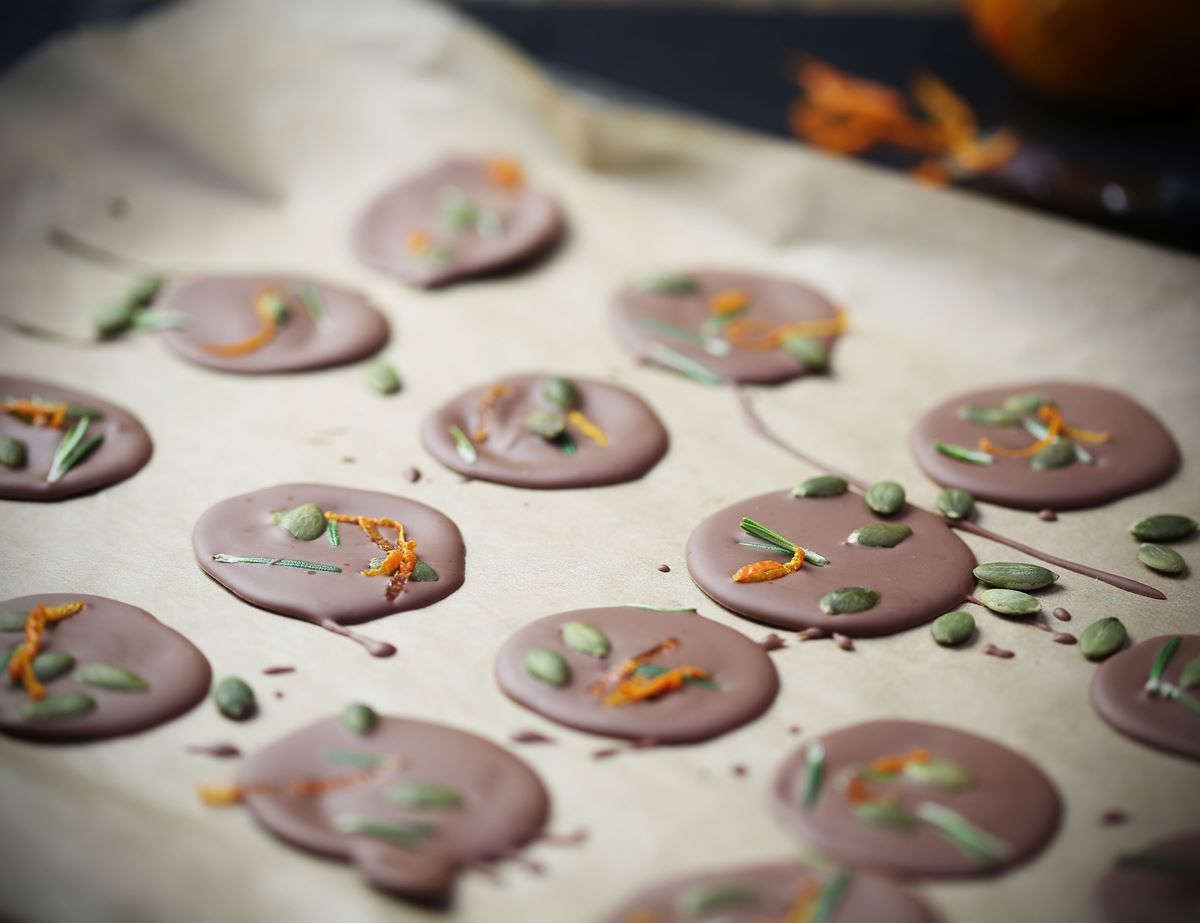 Milk Chocolate Puddles with Pumpkin Seeds, Rosemary & Orange