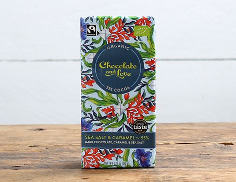 sea salt caramel chocolate bar 55% chocolate and love