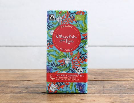 vegan salted caramel chocolate bar 65% chocolate and love