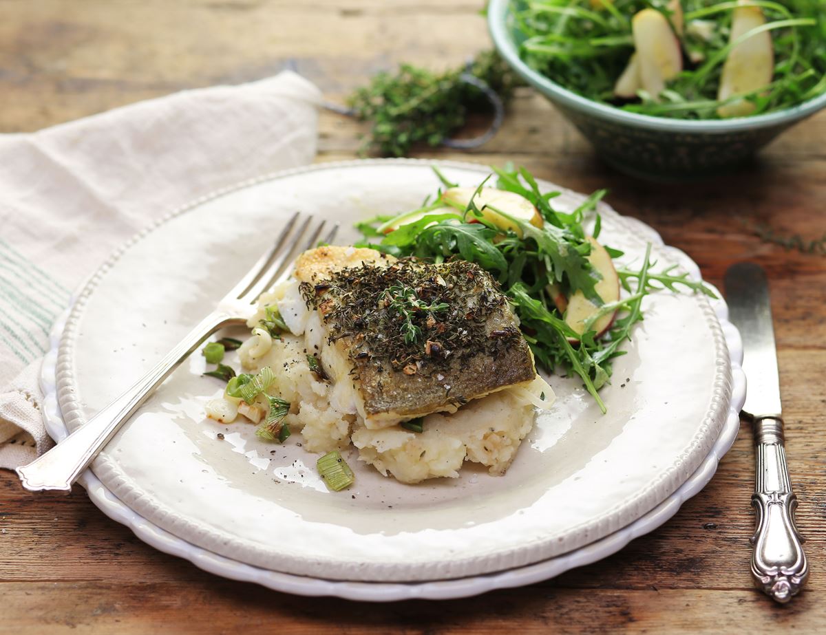 Thyme-Crusted Cod with Apple Celeriac Champ