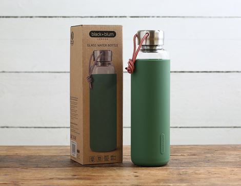 glass water bottle olive green black & blum 600ml