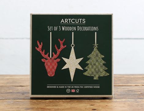 Wooden Christmas Decorations, Artcuts (pack of 3)