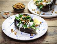 Whole Roasted Aubergine with Spiced Chickpeas & Tahini Sauce