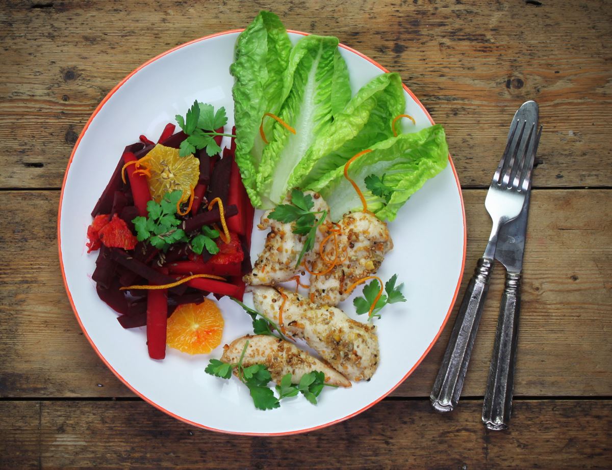 Dukkah Crusted Chicken with Braised Beetroot & Carrot Salad
