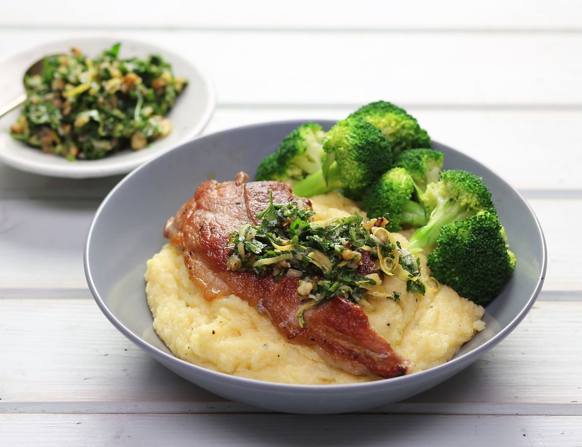 Parsley Pesto Pork with Creamy Polenta