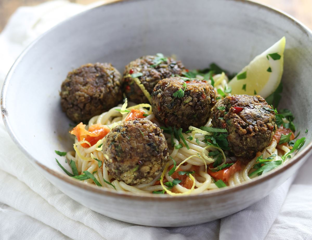 Courgette & Mint Polpette with Buttered Tomato Spaghetti