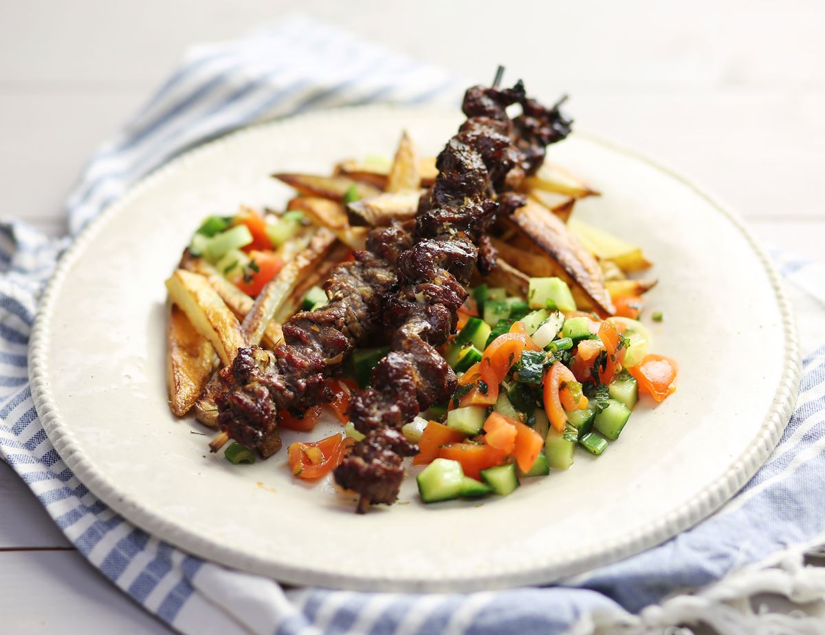 Greek Kebabs with Chopped Salad & Chips