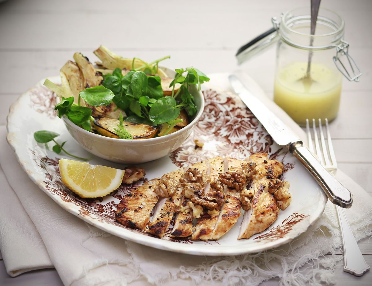 Cardamom Walnut Chicken with Charred Pear & Fennel Salad