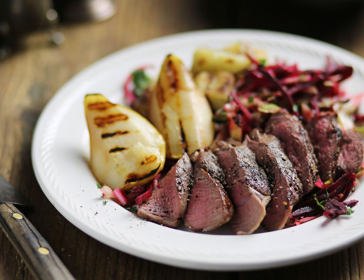 Wild Venison Steaks with Caramelised Pears & Beetroot Slaw