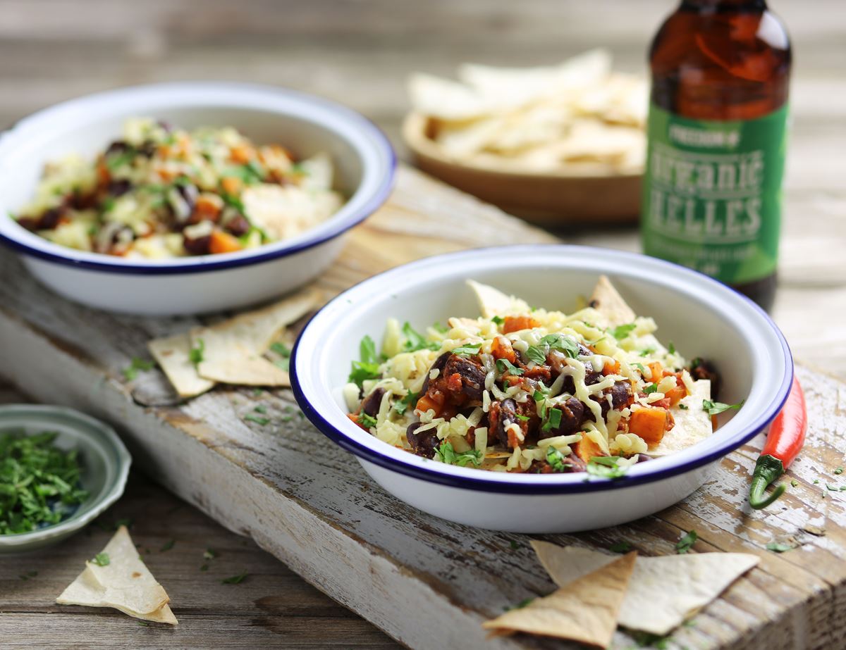 Cheesy Nachos with Sweet Potato & Bean Chilli